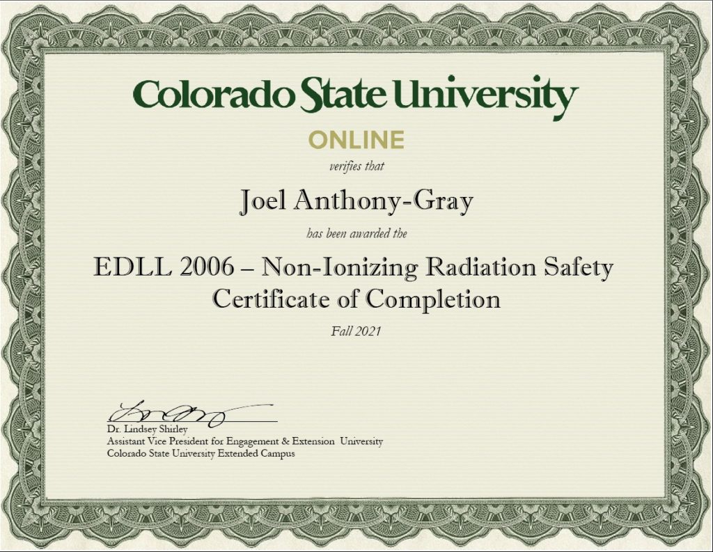 Certification Non-Ionizing Radiation NIRAD EMF EDLL 2006 Colorado State University